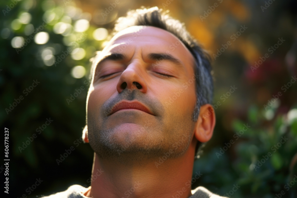 Medium shot portrait photography of a man in his 50s practicing mindfulness sophrology relaxation & stress-reduction wearing a cozy sweater against a garden or botanical background Medium shot portrait photography of a man in his 50s practicing mindfulness sophrology relaxation & stress-reduction wearing a cozy sweater against a garden or botanical background