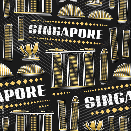 Vector Singapore Seamless Pattern, repeat background with illustration of famous singapore city scape on dark background for wrapping paper, decorative line art urban poster with white text singapore