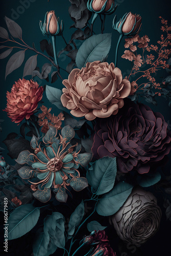 Beautiful bouquet with roses on a dark background. AI 