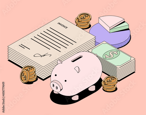 Personal finance planning or taxes and payments concept with isometric stacks of money and bills and pie chart and coins and piggy bank isolated on pink background. Vector illustration