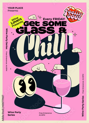 Vintage poster with wine bottle and glass of red wine on pink background for restaurant menu, invitation for an event, festival, party. Wine tasting concept. Retro vector illustration