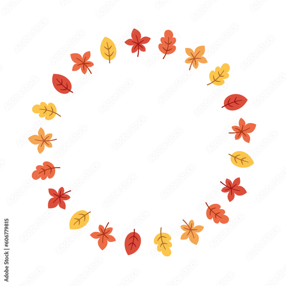 Fototapeta premium Autumn leaves round frame. Wreath of fall leaves, Halloween, Thanksgiving border template. Vector illustration.