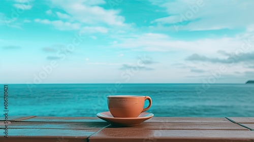 a cup of coffee next to the ocean Generative Ai