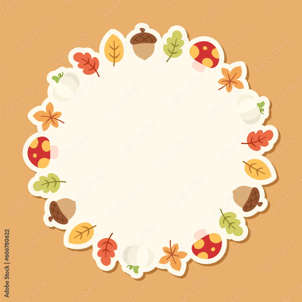 Round Autumn Frame with leaves, pumpkin and acorns. Wreath of fall elements, Halloween, Thanksgiving border template. Vector illustration. Round Autumn Frame with leaves, pumpkin and acorns. Wreath of fall elements, Halloween, Thanksgiving border template. Vector illustration.