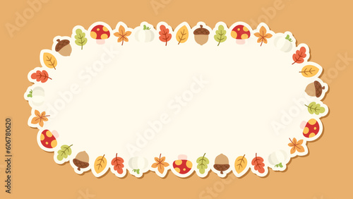 Autumn frame with leaves, pumpkin and acorn. Wreath of fall elements, Halloween, Thanksgiving border template. Vector illustration.