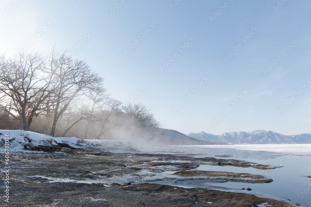 Steam rising from Lake Kussharo, Hokkaido in winter