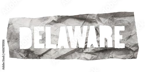 Delaware state name cut out of crumpled newspaper in retro stencil style isolated on transparent background