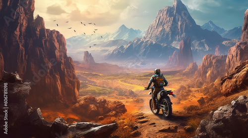 A daring rider navigating a rugged, rocky trail, with a breathtaking mountain vista, adventure riding concept, AI generative