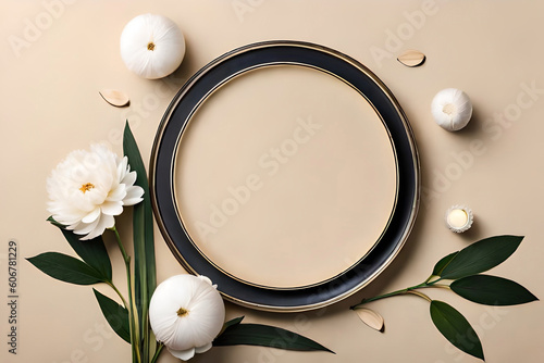 top view White peonies frame on a pastel beige background with copy space , flat lay