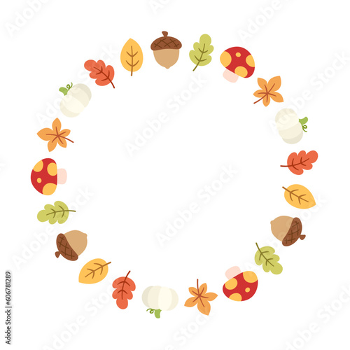 Round Autumn Frame with leaves, pumpkin and acorns. Wreath of fall elements, Halloween, Thanksgiving border template. Vector illustration.