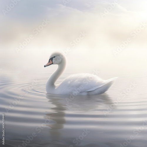 Beautiful white swan swimming on the lake in foggy morning.