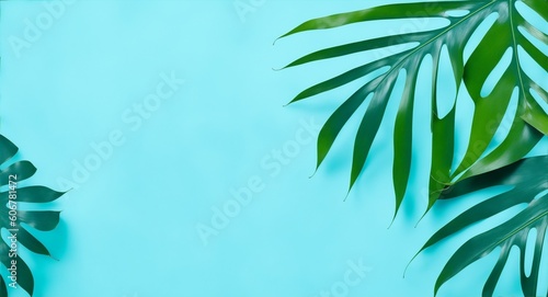 Leaves on blue background. Monstera leaf, generative ai © Karol