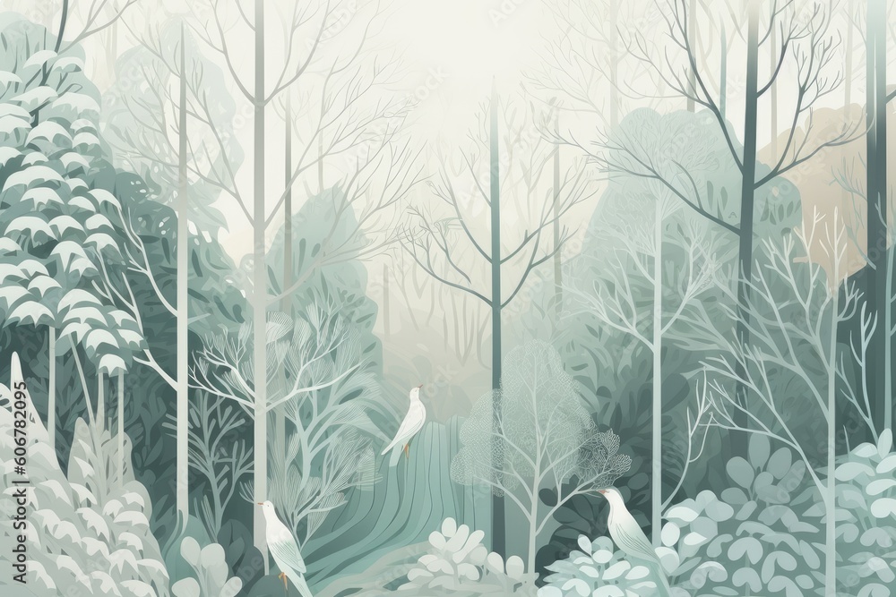 Forest background in shades of white and green, Generative ai Forest background in shades of white and green, Generative ai