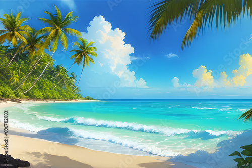 panorama of tropical beach with coconut palm trees.