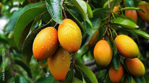 Fresh and ripe Indian mangoes on tree, Summer season fruit, Generative AI photo