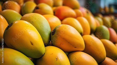 Fresh Indian Mangoes at the supermarket, Indian summer season fruit, Generative AI