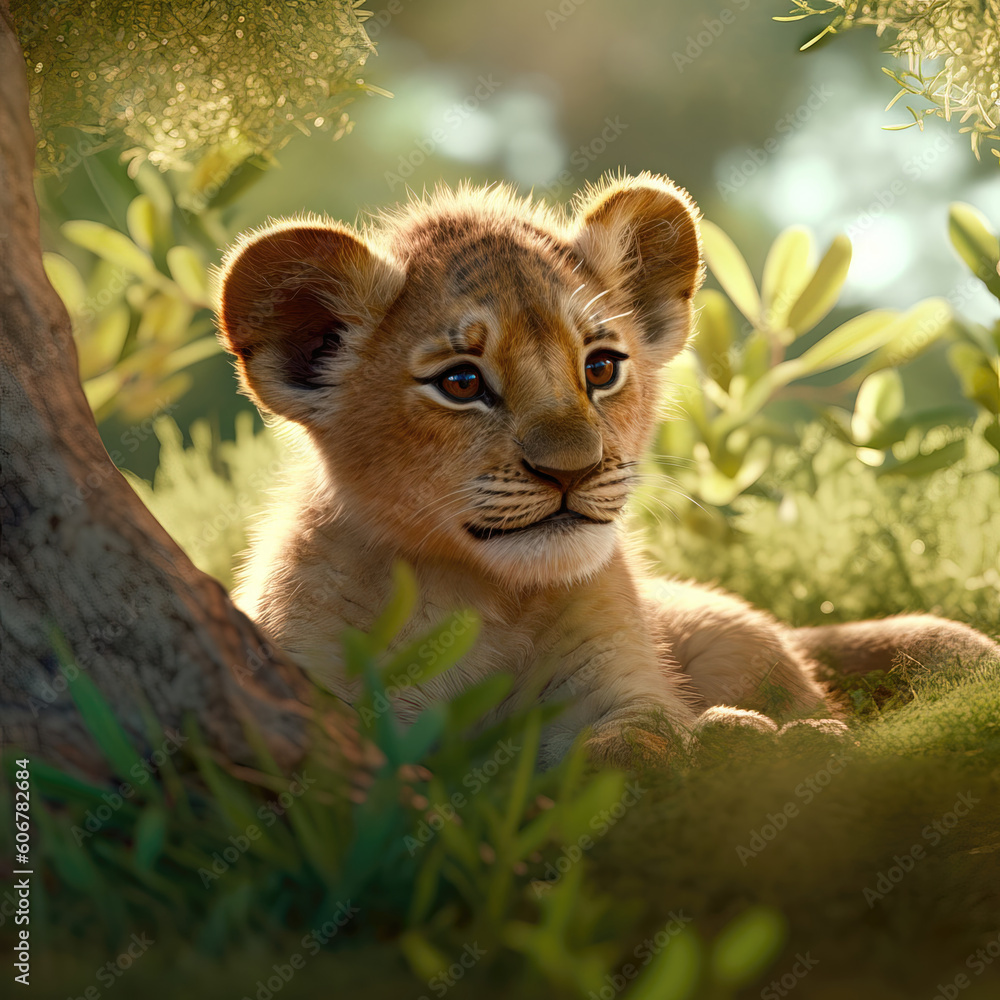 Obraz premium Lion cub lying in the grass