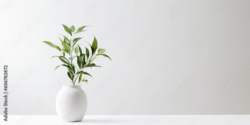 Product Showcase. Interior Design Inspiration Table with Green Plant and white Vase on a Table in house