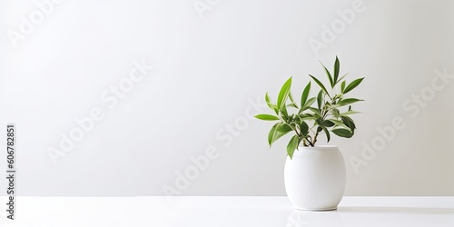 Product Showcase. Interior Design Inspiration Table with Green Plant and white Vase on a Table in house