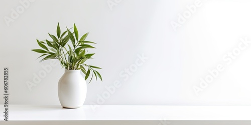 Product Showcase. Interior Design Inspiration Table with Green Plant and white Vase on a Table in house