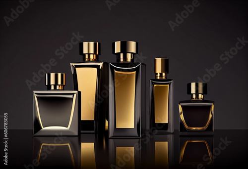Mock-up black gold perfume bottles collection on a mirror glossy stand. Place for text. Concept of perfumery and body fragrances photo