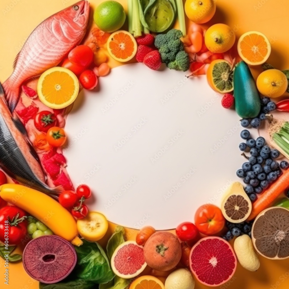 Round rainbow colored composition with white empty paper and fresh fish with seafood and vegetables. AI generative illustration. Round rainbow colored composition with white empty paper and fresh fish with seafood and vegetables. AI generative illustration.