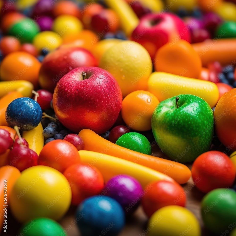 Assortment of fresh fruits and berries in rainbow colors. AI generative illustration. Assortment of fresh fruits and berries in rainbow colors. AI generative illustration.