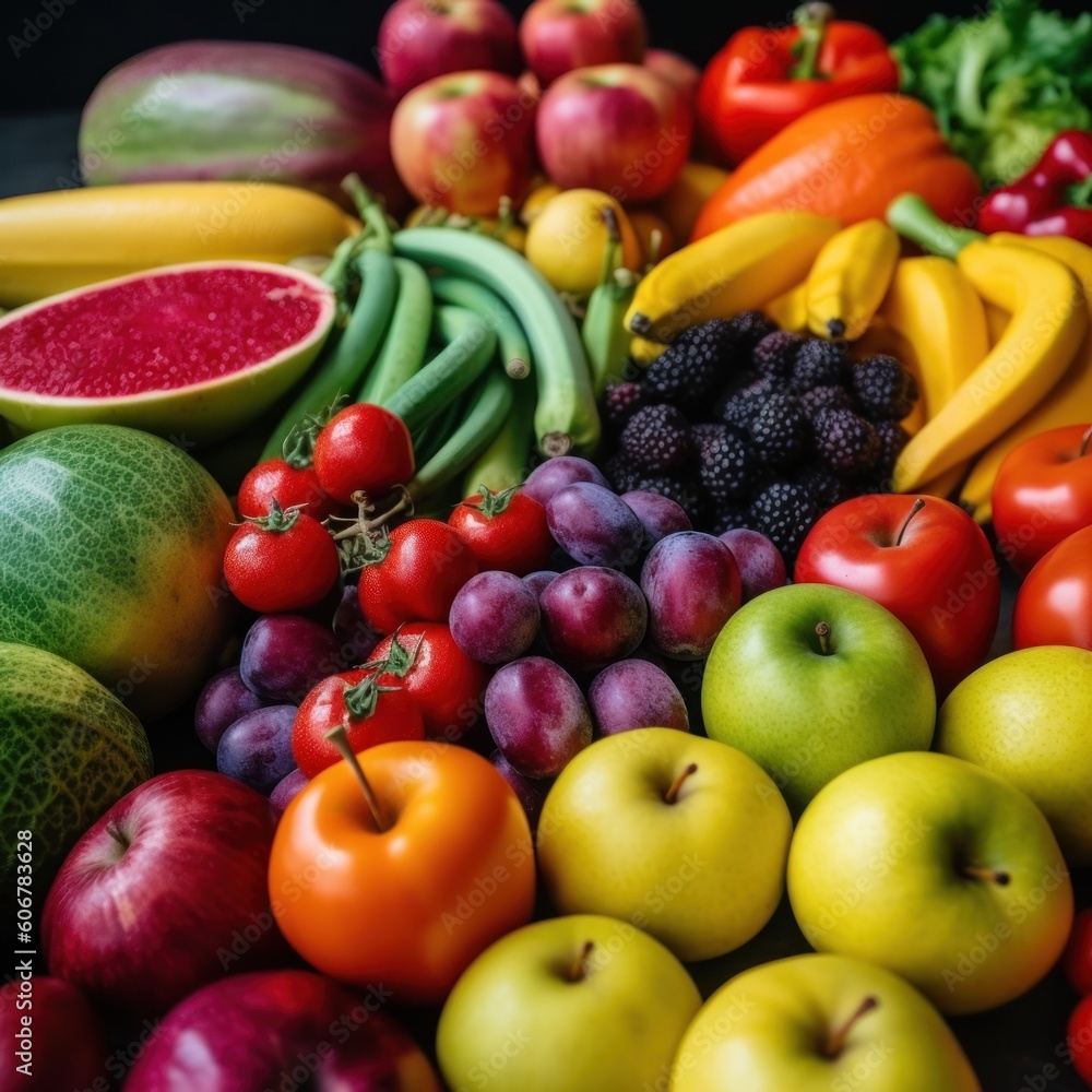 Assortment of fresh fruits and berries in rainbow colors. AI generative illustration.