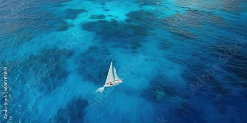 Aerial view of a white yacht with a sail. AI generative illustration.