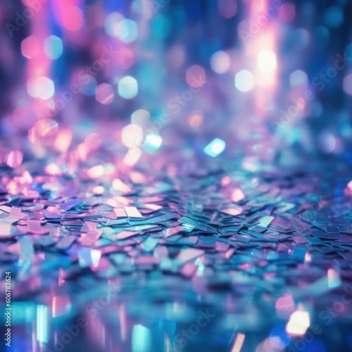 Pink and blue holographic glow polygonal confetti particles with amazing bokeh with magical sparkles. AI generative illustration.