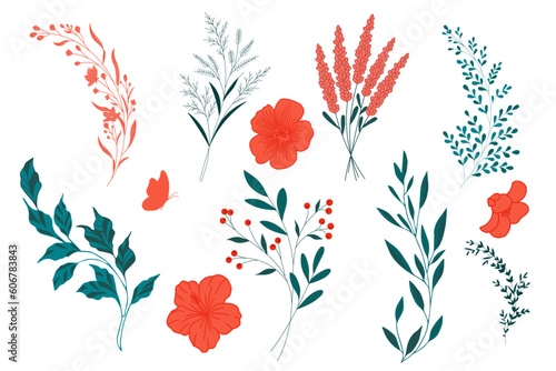 Vector floral set. Colorful floral collection with leaves and flowers. Spring or summer design for invitation, wedding or greeting cards