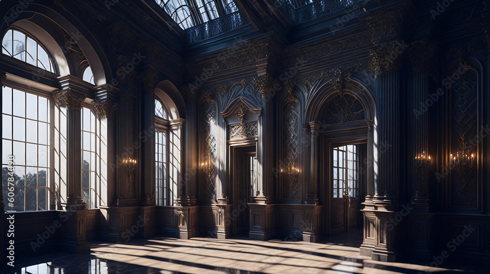 interior of a castle with exposure of sunlight, Ai Generative