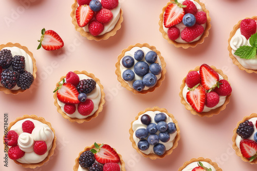 Delicious sand dough tartlets with vanilla cream swirl, blueberries, raspberries, strawberries, blackberries isolated on pastel beige background, top view, copy space Fototapet