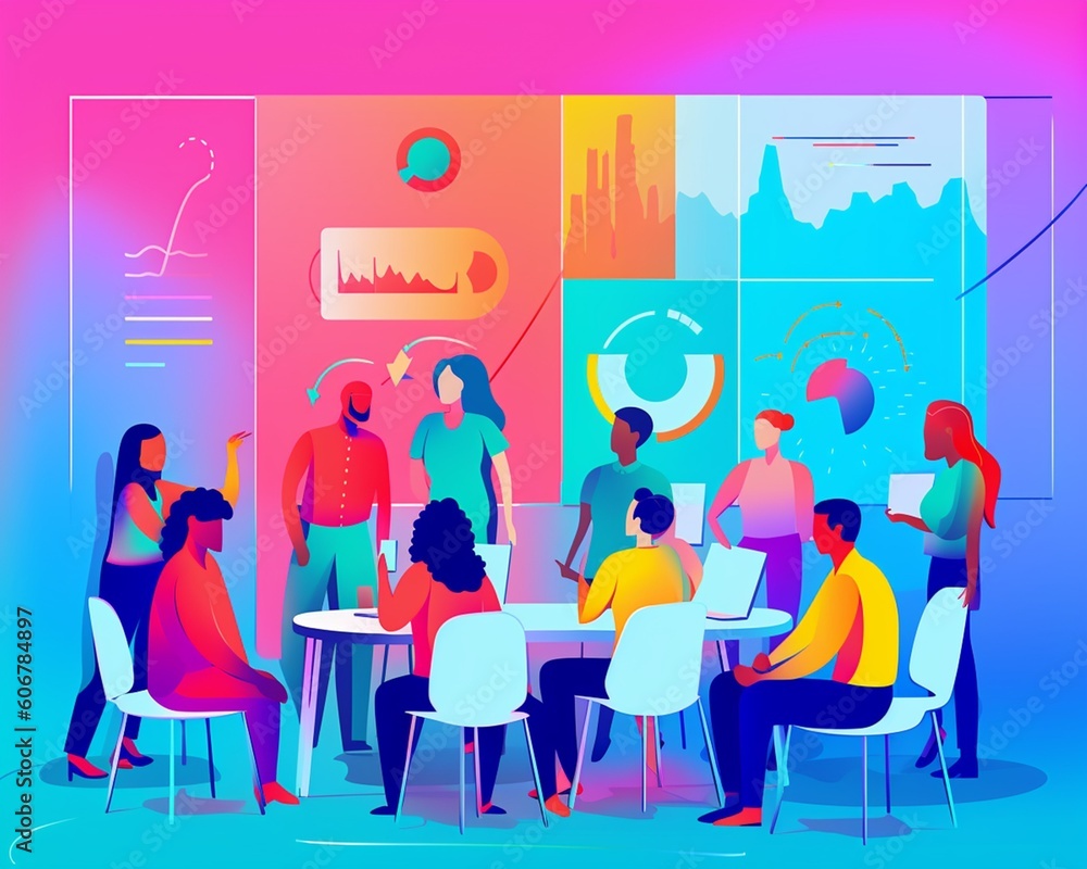 Teamwork in a company. They are discussing, analyzing data charts, and fostering collaboration. Vibrantly background, bright and vibrant atmosphere. Teamwork in a company. They are discussing, analyzing data charts, and fostering collaboration. Vibrantly background, bright and vibrant atmosphere.