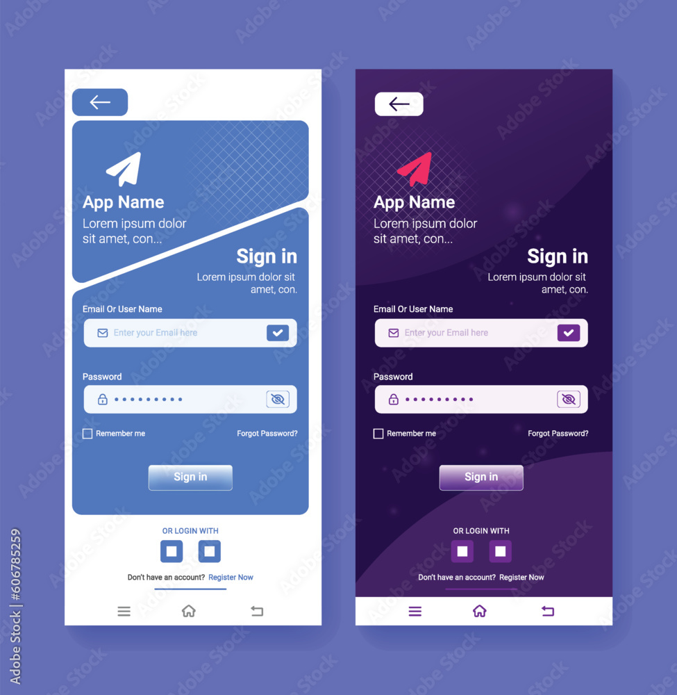 Vector app UI design login page templates login screen for unique app development online login form, sign in for access to the account of standard user interface app