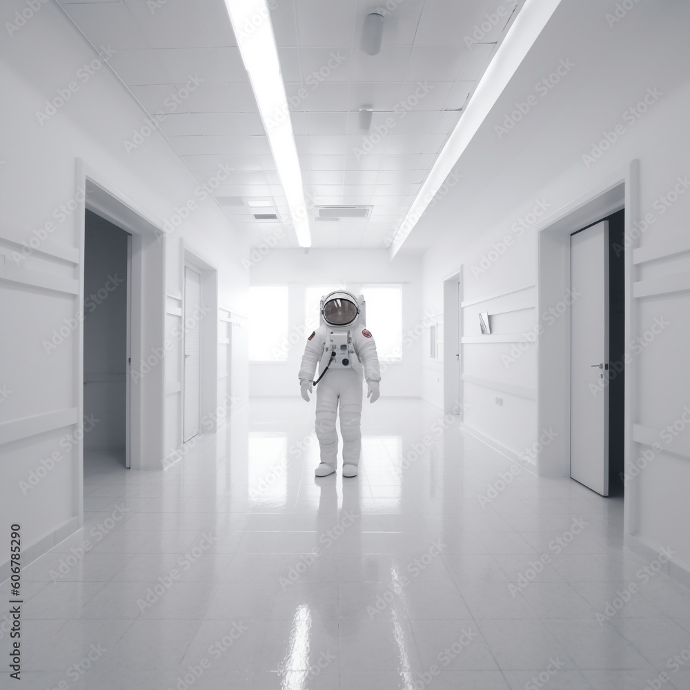 Astronaut in the corridor of an empty hospital. Mixed media
