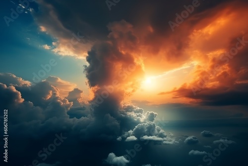 Sky blue and orange light of the sun through the clouds, generative ai