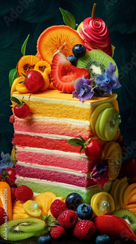 Rainbow cake with berries and roses on pink background. Selective focus.