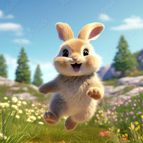 3D rendering of a cute Easter bunny jumping on a meadow © Lohan
