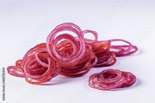 Sliced red onion rings on white background. Generative ai