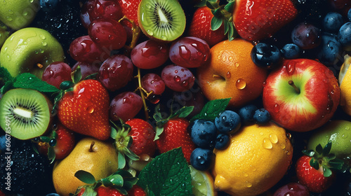 Mix of fresh fruits and berries. Healthy food concept. Top view.