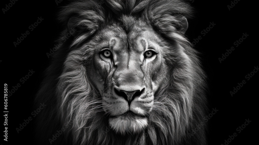 Black and White Elegance: Showcasing the Timeless Charm of a Wild Lion's Portrait. Ai Generative.