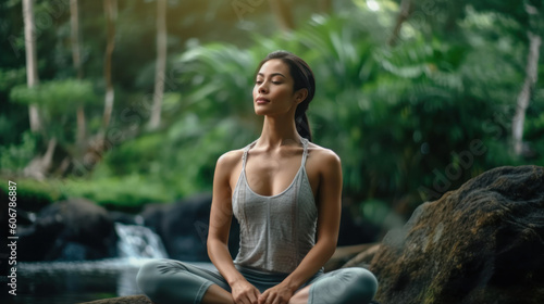A beautiful asian woman meditating in yoga pose, generative AI