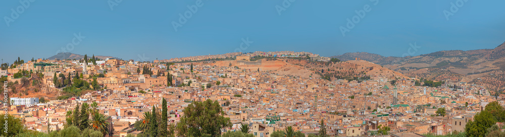 Panoramic view of many buildings within the Medina of Fes, Morocco