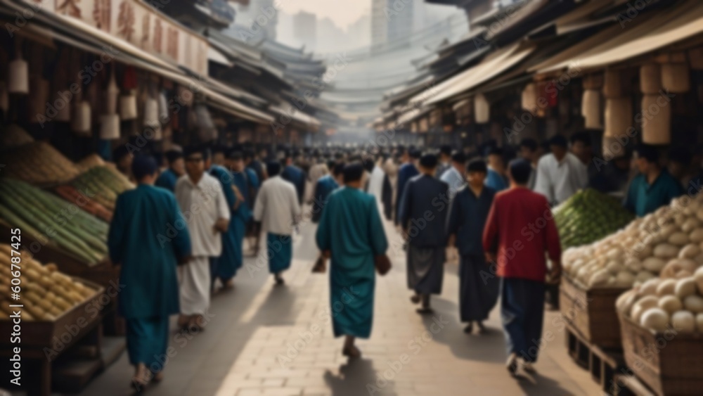 Blurred crowd of people walking in the traditional Asian market. Generative AI. Blurred crowd of people walking in the traditional Asian market. Generative AI.