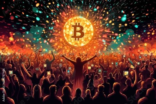 crowd of people cheering for Bitcoin, Digital currency acceptant 