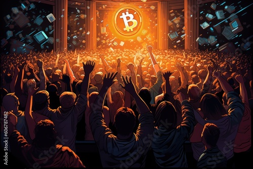 crowd of people cheering for Bitcoin, Digital currency acceptant  photo