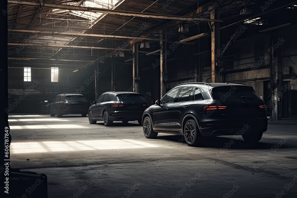 Parking garage interior with rows of parked cars. Dark toned