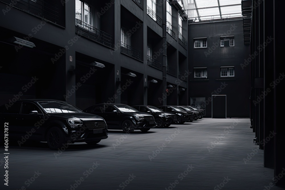 Parking garage interior with rows of parked cars. Dark toned Parking garage interior with rows of parked cars. Dark toned
