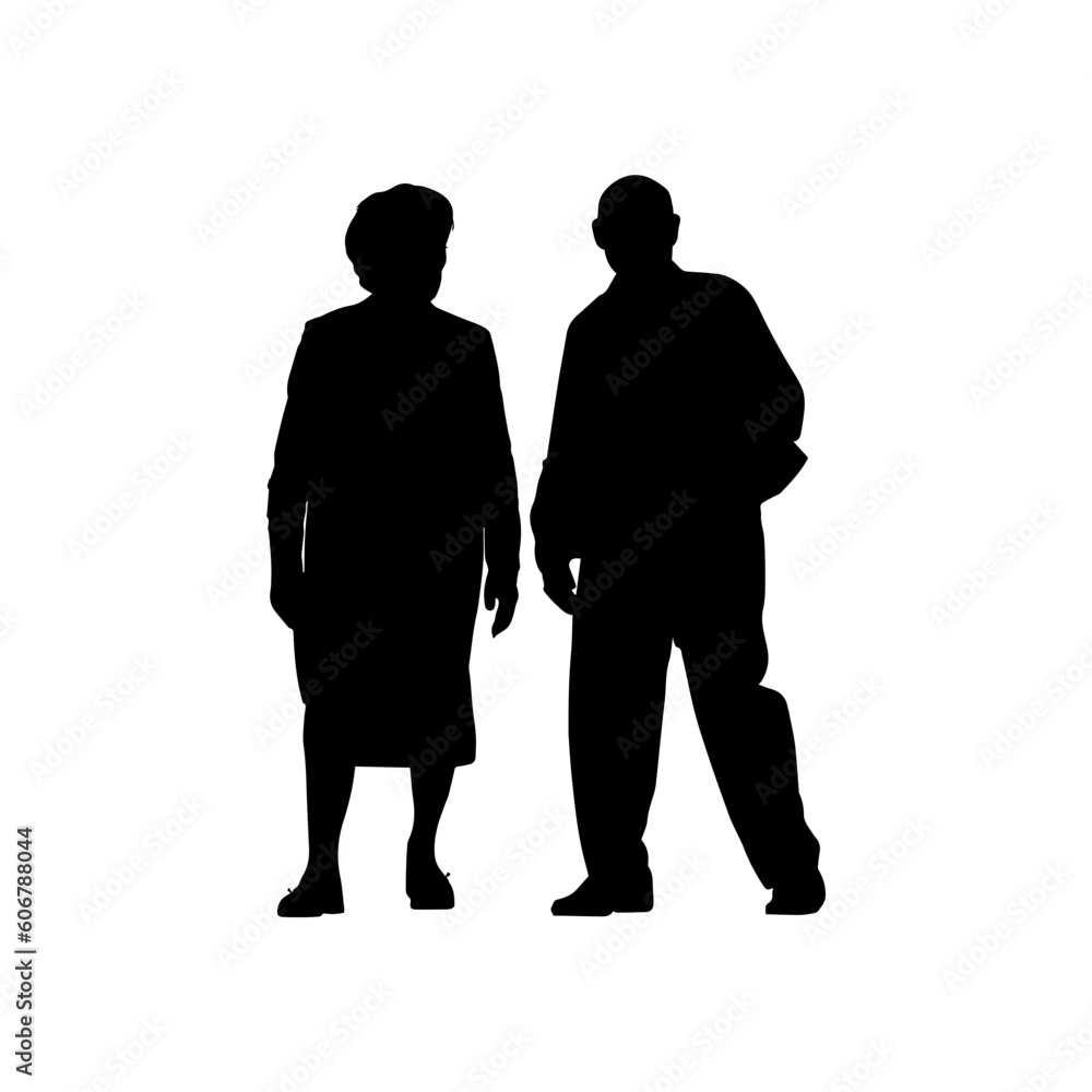 Vector illustration. Silhouette of an elderly man and woman. Husband and wife. Pensioners.